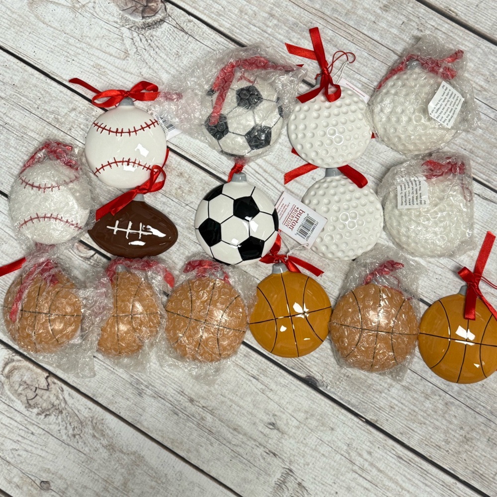 NWT Burton & Burton Lot of Sports Ornaments with Red Hangers 🏀⛳️🏈⚽️⚾️